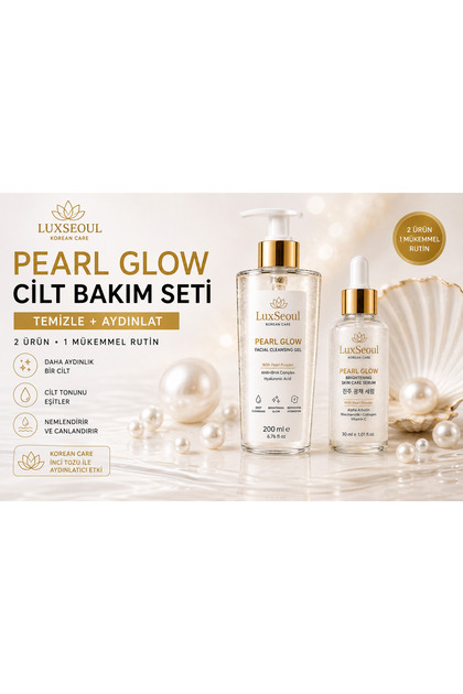 Pearl Glow Leke Karşıtı Aydınlatıcı Cilt Bakım Seti – Yüz Temizleme Jeli + Cilt Serumu, Niacinamide, Alpha Arbutin, C Vitamini, AHA BHA, İnci Tozu