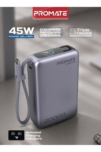 بنك طاقة محمول بقوة 45 واط وسعة 20000 مللي أمبير في الساعة مع كابل USB-C مدمج، وشاشة عرض ذكية لحالة البطارية، وشحن ثلاثي للأجهزة، وشحن سريع للابتوب والتابلت والهواتف الذكية (فولتا-45)