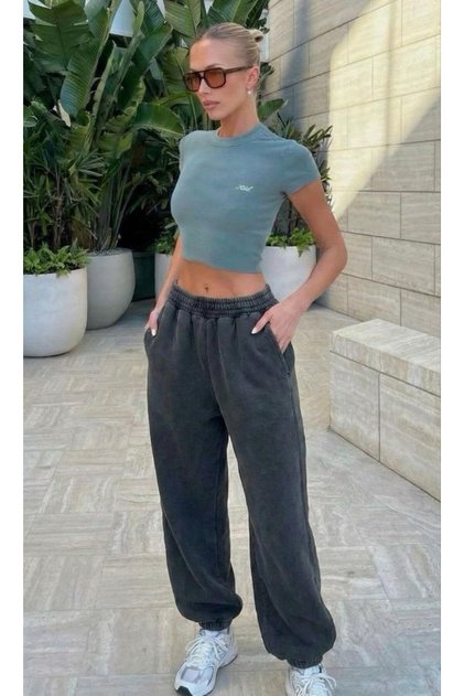 Washable Look High Waist Elastic Waistband with Pockets Wide Leg Oversize Jogger Sweatpants Aw26Ea0002