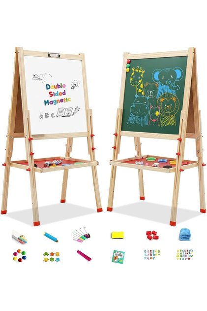 MostNow Wooden Art Easel for Kids, Double Sided Kids Easel with Whiteboard & Chalkboard, Height Adjustable Standing Toddler Easel with Painting Accessories,Gift for Boys and Girl Toddler