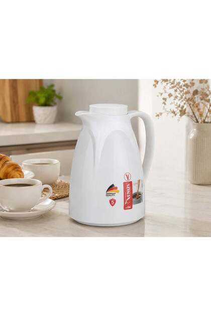 Vacuum Flask 1 Liter White – Double Wall Glass Inner with Durable Plastic Outer, Wide Mouth & Leak-Proof Cap, Made in Germany