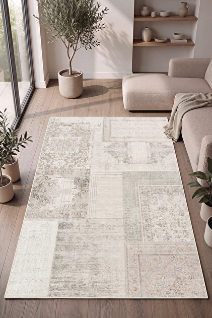 Patchwork Krem Bej Vintage Eskitme Bohem Desenli Şönil İnce Halı Salon Oturma Odası Halısı