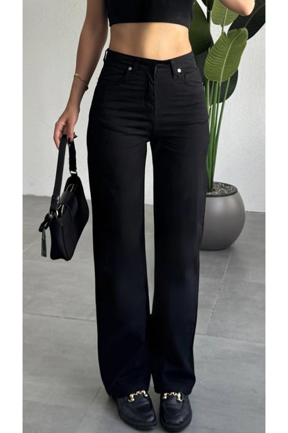 Women's Black High Waist Wide Leg Straight Cut Denim Trousers Loose Leg Jeans