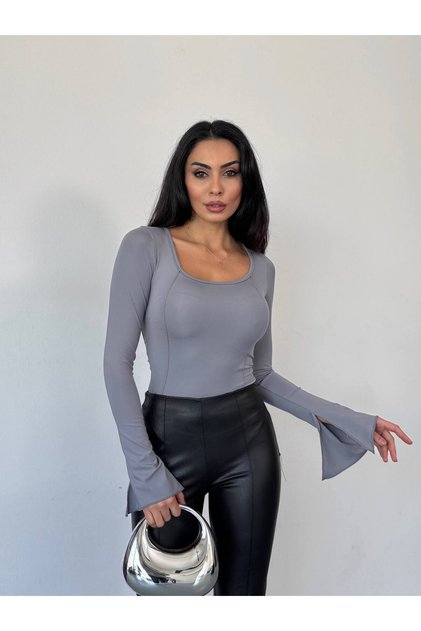 Women's Gray Slit Spanish Sleeve Long Sleeve Diver Fabric Blouse