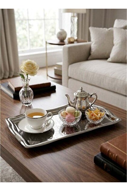 Sesame Serving Tray Silver - Rectangular Chrome Metal Tray with Decorative Engraved Pattern & Wavy Edges, Premium Home Decor for Entertaining, Weddings & Special Occasions
