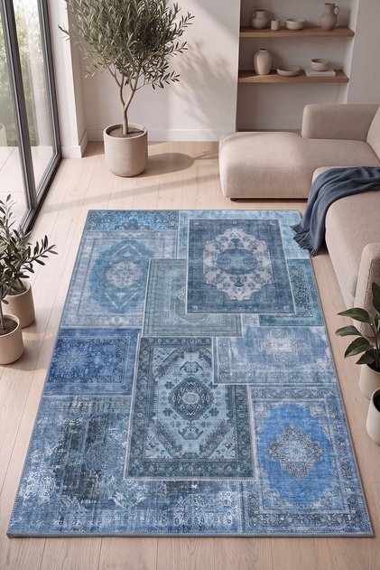 Patchwork Mavi Lacivert Vintage Eskitme Bohem Desenli Şönil İnce Halı Salon Oturma Odası Halısı