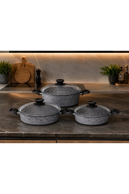 Granit Ezme Basık Tencere Seti 24cm-28cm-32cm Pilav ve Karnıyarık Tenceresi 3lü Set