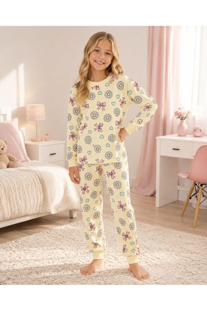Elmas Kids Girl's 100% Cotton Yellow Daisy Patterned Long Sleeve Pajama Set