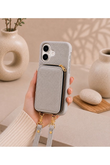 iPhone 16 (6.1 Inch) Compatible Premium Lux Leather Case with Open Sides, Slim Design, Wallet, Zipper, Card Holder, Crossbody Neck Strap, and Drawstring Strap