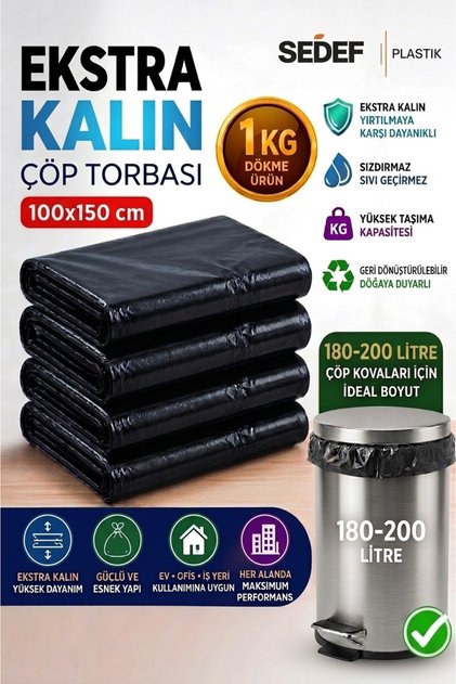 100x150 cm Siyah Kalın Çöp Torbası - Battal Boy Sanayi Tipi Dayanıklı Taşıma Poşeti (1 Kg )