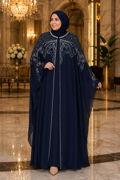 Tesettür Abiye Büyük Beden Taşlı Şık Uzun Kollu Modest Elbise Özel Gün Davet Kombini