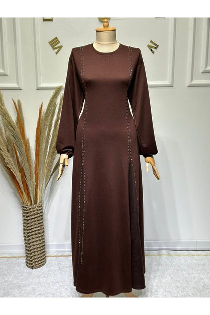 Women's Stone and Leather Detailed Stylish Dress with Elastic Sleeves