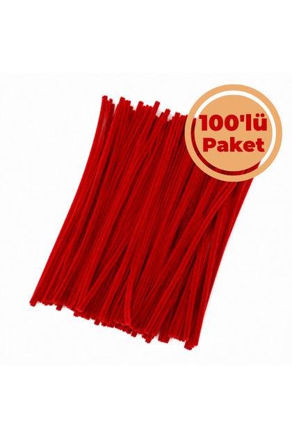 Şönil Tel Kırmızı 100'lü Paket Dolgun Tüylü 30 cm 6 mm DIY Hobi Elişi Çiçek Yapımı Dekorasyon