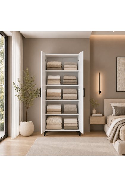 Gubimo104 - 2 Kapaklı Modüler Gardırop Beyaz – 4 Raflı Elbise Dolabı