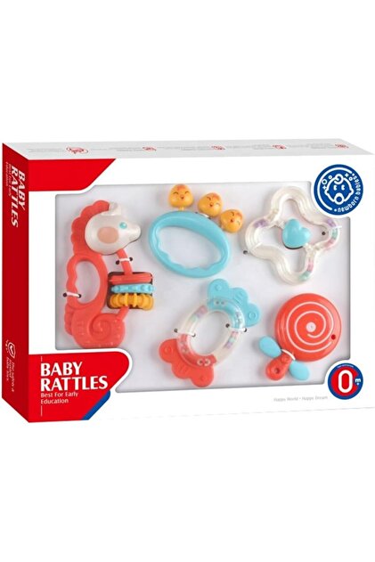 5-Piece Baby Rattle & Teether Sensory Toy Set, BPA-Free, Red/Blue/White/Teal, Ages 0-12 Months, Model HE0133