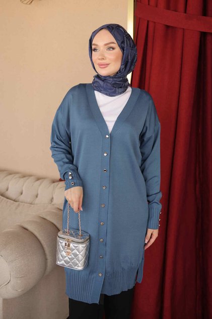 Indigo Buttoned Cold Yarn Knitwear Cardigan