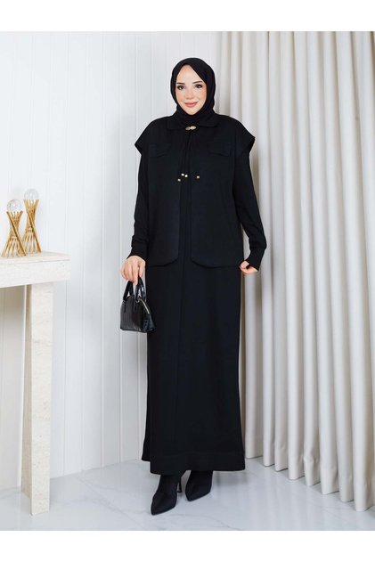 Full Length Stylish Knitwear Suit with Vest in Black