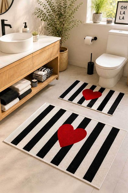 Dijital Kaymaz Yıkanabilir Siyah Beyaz Kalpli İkili Banyo Paspası Banyo Halısı Banyo Dekor 40x60+60x90cm