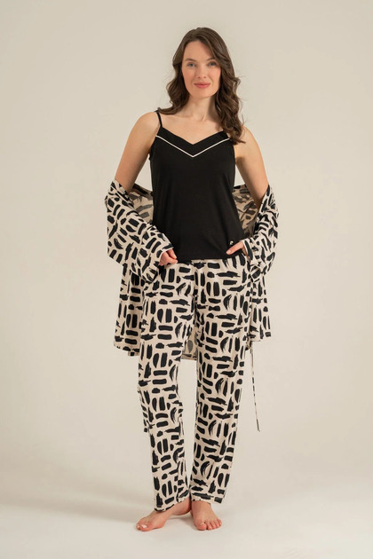 Three-Piece Dressing Gown Set, Combed Modal, 50% Cotton 50% Modal, V-Neck with Straps, Pockets