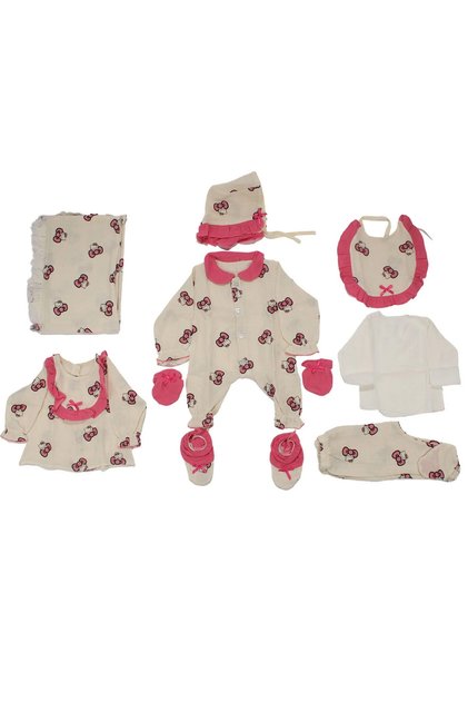 Girl baby ecru fuchsia kitten patterned muslin organic 10 piece hospital exit set