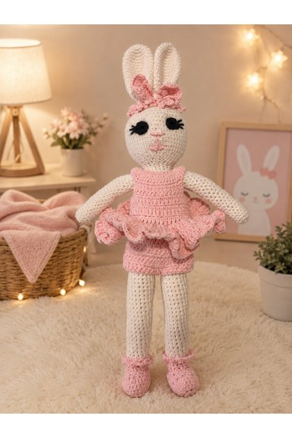 El Yapımı Amigurumi Tavşan Bebek Pembe Elbiseli Örgü Dekoratif Oyuncak