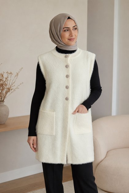 Women's Long Stone Buttoned Pocketed Vest