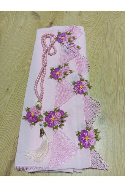 Needlepoint Pink Prayer Rug with Prayer Beads