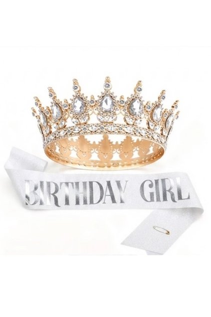 BEYAZ TAŞLI GOLD TAÇ VE BİRTHDAY GİRL KUŞAK