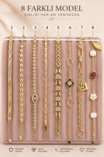 Kadın Gold Renk Çelik Bileklik – Zirkon Taşlı Kararma Yapmaz 8 Model Seçenekli – Adet Fiyatıdır