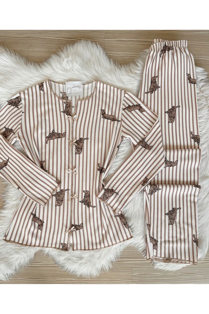 Dog Patterned Bowknot Detailed Soft Winter Waffle Knitted Pajama Set