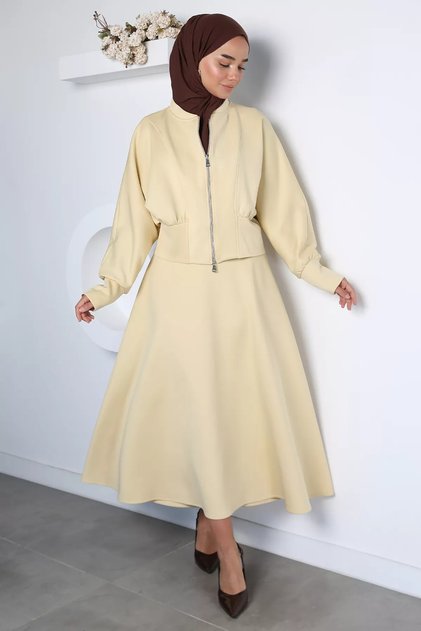Yellow Scuba Fabric Zippered Jacket Skirt Hijab Double Set