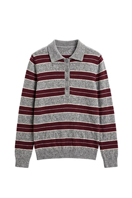 Hellgrauer Nancy-Pullover mit Streifen und Polokragen