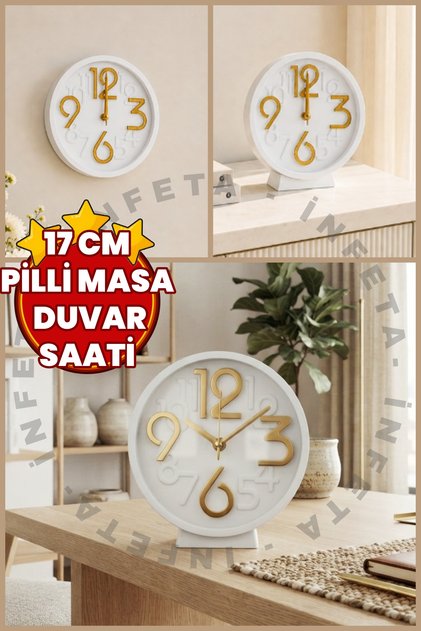 1 Adet 17x4 cm Masa Ve Duvar Saati 2'si 1 Arada Gold Kabartma Rakamlı Pilli Sessiz Akar Duvar Saati & Masa Saati