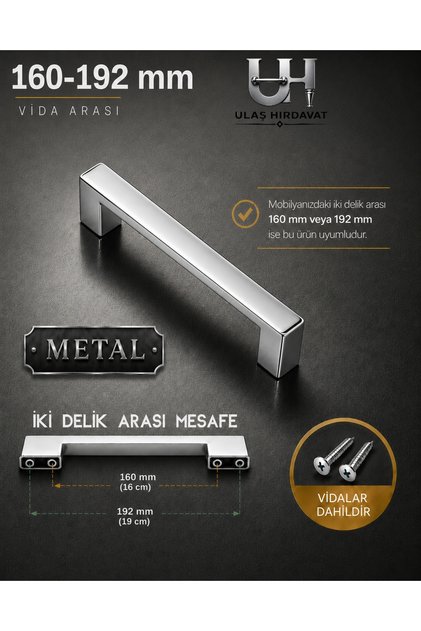 METAL Köprü Modern Lüks Mobilya Dolap Çekmece Kulpları 160-192 mm Krom Nikel Parlak, Metal