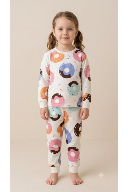 Girls' 100% Cotton Donut Patterned Top and Bottom Pajama Set