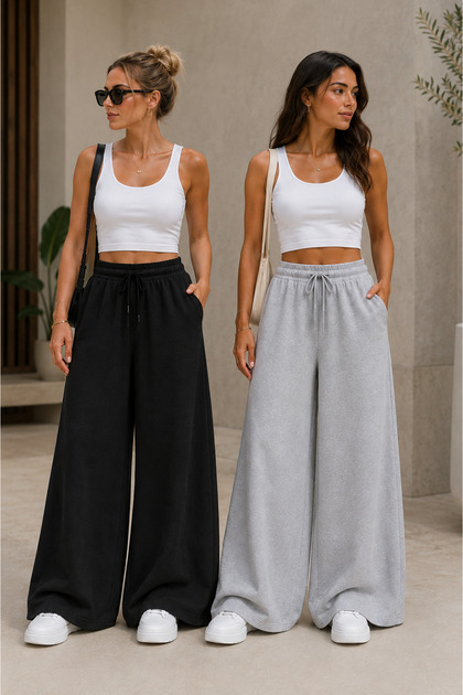 2'li Siyah Gri Kadın Geniş Paça Eşofman Altı - Yüksek Bel Bol Paça Sweatpants