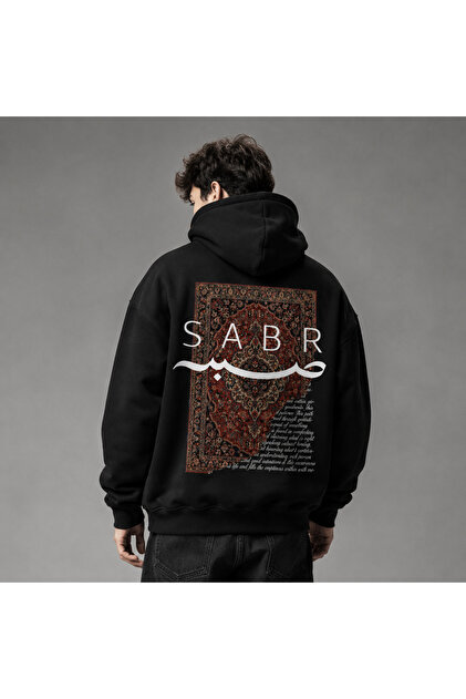 Sabir Written Carpet Patterned Oversize Black Hoodie 3 Thread Threaded 100% Cotton Unisex Hooded Sweatshirt