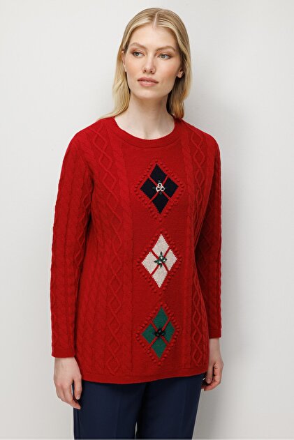 Women's Crew Neck Diamond Embroidered Hair Braided Wool Sweater Dark Red