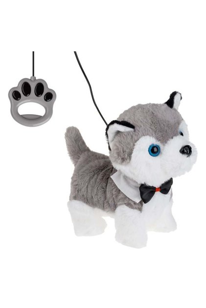 Catelus Interactiv Husky Gri, cu Lesa, Merge si Latra, Jucarie Amuzanta cu Baterii, 22 cm