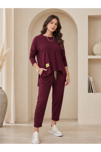 Women's Crew Neck Asymmetrical Cut Basic Blouse and Comfortable Fit Pants Two-Piece Set