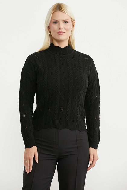 Perforated Patterned Wool Knit Sweater - Black