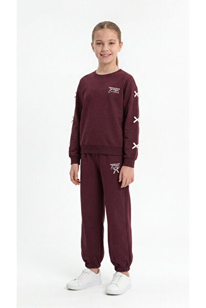 Friends Make the World Beautiful Printed Girls' Tracksuit Set with Bow and Elastic Cuffs