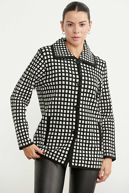 Houndstooth Patterned Wool Knitwear Jacket with Pockets - Black