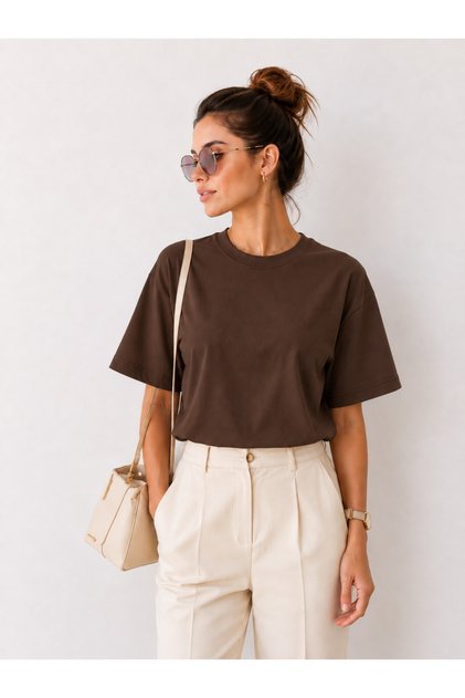 Women's Premium Brown 100% Cotton Ribbed Crew Neck Tee with Half Sleeves, Soft and Breathable Relaxed Fit Classic Style for Daily Wear and Casual Outfits