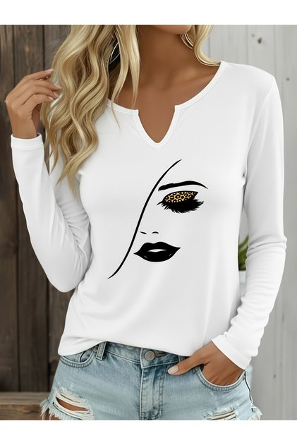 Printed Cotton Half V-Neck Long Sleeve Blouse T-Shirt