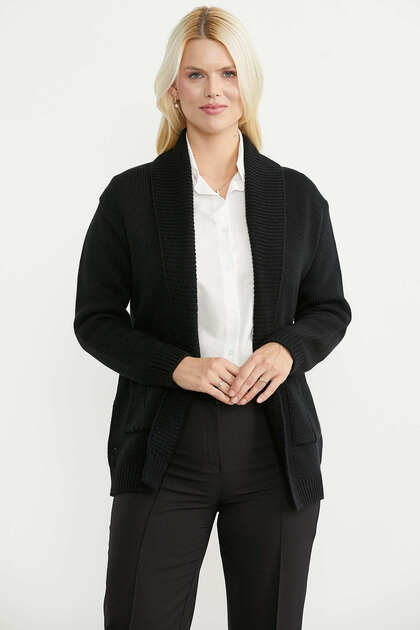 Wool Shawl Collar Pocketed Knitwear Cardigan - Black