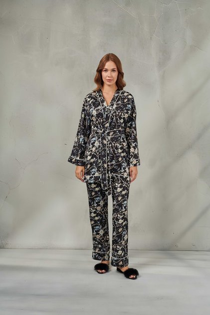 Women's Chain Patterned Satin Kimono Dressing Gown Pajama Set Verona & Belted Nightgown Set, Dowry Honeymoon
