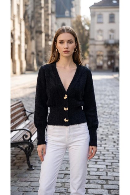 Fashionable V-Neck, Metal Buttoned, Stylish Cardigan