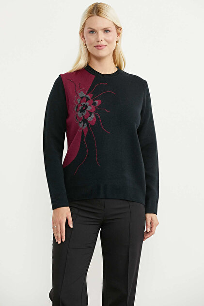 Stone Detailed Color Gradient Knitwear Sweater - Black