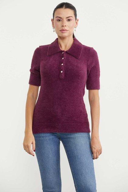 Polo Yaka Yumuşak Dokulu Triko Kazak - Bordo